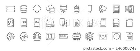 memory storage icon set. It includes hard disk, usb, server, data center, and more icons.  140000742