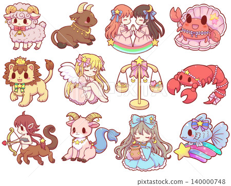 A cute, stylized set of all 12 zodiac signs. A cute, stylized set of all 12 zodiac signs. 140000748