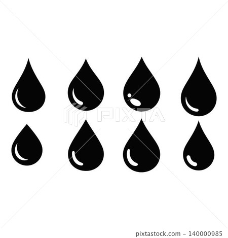 Eight Black Teardrop Water Droplets on White Background Eight Black Teardrop Water Droplets on White Background 140000985