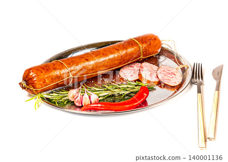Grilled pork beef sausages, Oktoberfest dishes, isolated on white background. 140001136