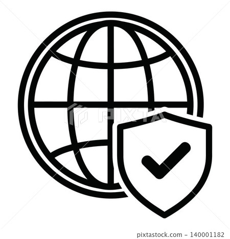 Global security shield icon with check mark on globe 140001182