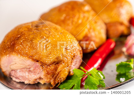 Pork chicken smoked meat breast or turkey serving food background copy space for text organic eating healthy 140001205