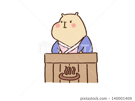 A capybara dressed in a kimono sits at the counter of a public bathhouse, greeting customers. A capybara dressed in a kimono sits at the counter of a public bathhouse, greeting customers. 140001409