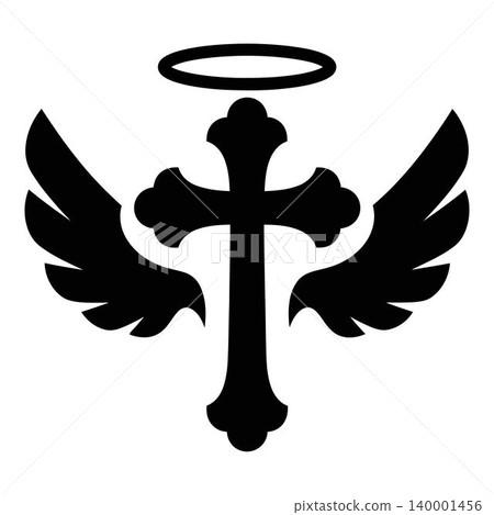 Black cross with wings and halo symbol icon Black cross with wings and halo symbol icon 140001456
