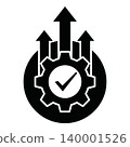 Black gear icon with checkmark and arrows pointing up on white background 140001526