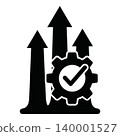 Black gear icon with checkmark and arrows on white background 140001527