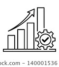 Black line drawing of gear with check mark and growing chart 140001536