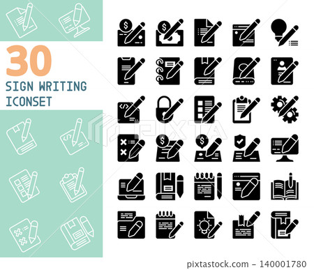 Sign writing solid icon set. Creative writing, signature, document editing, and content creation vector icons. 140001780