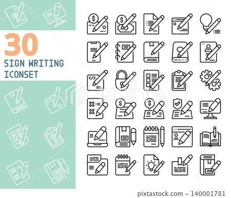 Sign writing line icon set. Creative writing, signature, document editing, and content creation vector icons. 140001781