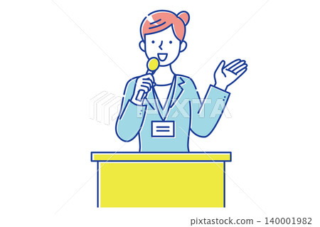 插圖描繪了一位女性講師站在台上,手持麥克風進行演講。 插圖描繪了一位女性講師站在台上,手持麥克風進行演講。 140001982