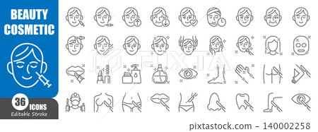 Beauty cosmetic and plastic surgery thin line icons set. Ideal for skincare, dermatology, medical aesthetics, anti-aging treatments, and healthcare linear vector symbols. Editable stroke. Beauty cosmetic and plastic surgery thin line icons set. Ideal for skincare, dermatology, medical aesthetics, anti-aging treatments, and healthcare linear vector symbols. Editable stroke. 140002258