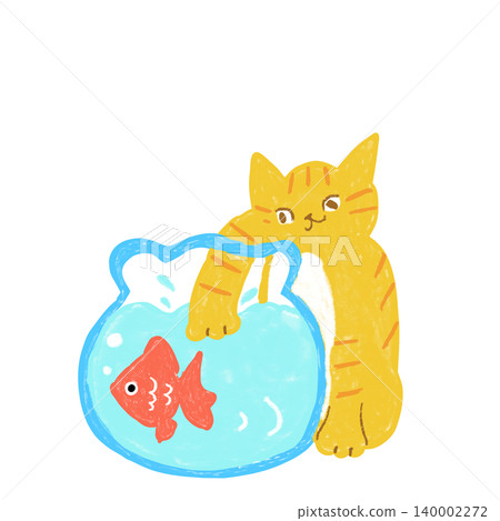 A tabby cat putting its paw into a goldfish bowl - Summer cat illustration 140002272
