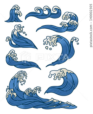 一組日式手繪波浪插圖。 一組日式手繪波浪插圖。 140002305