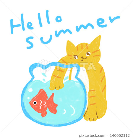 一隻虎斑貓把爪子伸進金魚缸裡。夏日貓咪插畫。 一隻虎斑貓把爪子伸進金魚缸裡。夏日貓咪插畫。 140002312