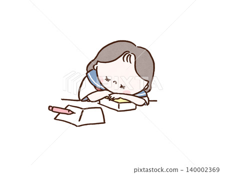 一名高中女生因為複習考試而筋疲力盡，趴在桌上睡著了，枕著一本厚厚的課本。 140002369