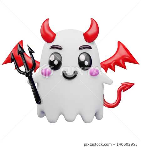 Cute spooky white ghost with trident, red devil wings, tail and horns 3D plastic style vector icon, cartoon specter Cute spooky white ghost with trident, red devil wings, tail and horns 3D plastic style vector icon, cartoon specter 140002953