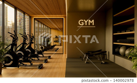 Black exercise bike on wooden floor beside glass mirror wall with bench and equipment in fitness gym Black exercise bike on wooden floor beside glass mirror wall with bench and equipment in fitness gym 140002978
