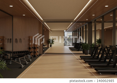 Treadmill on wooden floor and sport bench on mat with wall mirror in modern luxury fitness gym room. 140002985