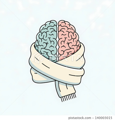 Illustration of a human brain wrapped in a scarf, symbolizing mental health, self-care, and the importance of protecting one's mind. Illustration of a human brain wrapped in a scarf, symbolizing mental health, self-care, and the importance of protecting one's mind. 140003015