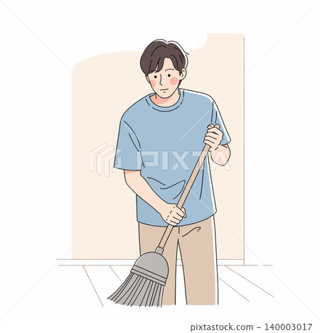 Illustration of a man in a blue shirt and khaki pants sweeping a floor with a broom, focused on cleaning and household chores. Illustration of a man in a blue shirt and khaki pants sweeping a floor with a broom, focused on cleaning and household chores. 140003017