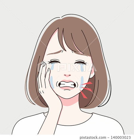 Illustration of a woman with a toothache, tears streaming down her face, and hand on her cheek, indicating dental pain. Illustration of a woman with a toothache, tears streaming down her face, and hand on her cheek, indicating dental pain. 140003023