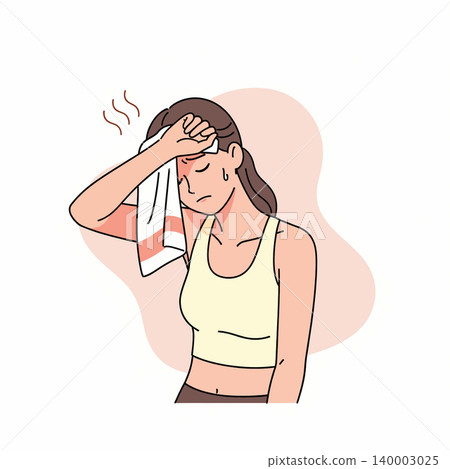 Illustration of a woman wiping sweat from her forehead, indicating heat exhaustion or overheating after exercise. Illustration of a woman wiping sweat from her forehead, indicating heat exhaustion or overheating after exercise. 140003025