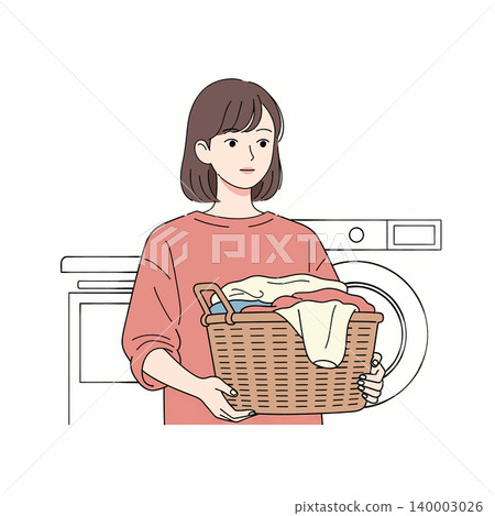 Illustration of a woman holding a laundry basket filled with clothes in front of a washing machine, depicting a domestic scene. Illustration of a woman holding a laundry basket filled with clothes in front of a washing machine, depicting a domestic scene. 140003026