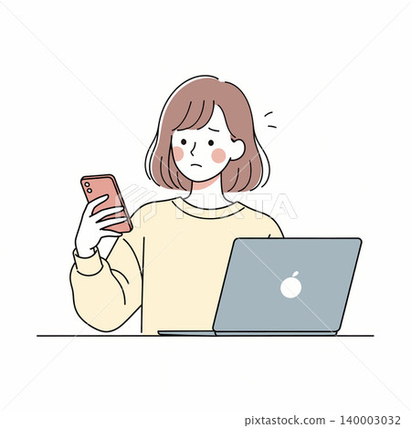 Illustration of a woman looking at her phone with a confused expression while working on her laptop. She seems to be multitasking but is struggling to focus. Illustration of a woman looking at her phone with a confused expression while working on her laptop. She seems to be multitasking but is struggling to focus. 140003032
