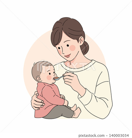 A mother is feeding her baby with a spoon, showing a nurturing and caring moment. The baby is sitting on the mother's lap, looking at the spoon. 140003034