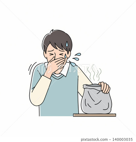 A man is holding his nose and reacting to a foul odor coming from a garbage bag. He is sweating and looks disgusted. A man is holding his nose and reacting to a foul odor coming from a garbage bag. He is sweating and looks disgusted. 140003035