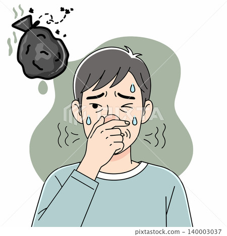 A man is holding his nose, reacting to a bad smell coming from a garbage bag. He is sweating and looks disgusted. A man is holding his nose, reacting to a bad smell coming from a garbage bag. He is sweating and looks disgusted. 140003037