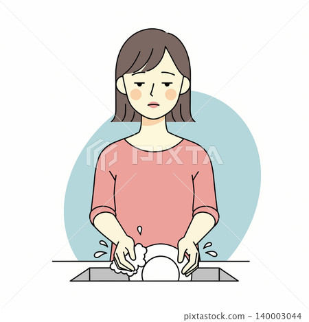 A woman with a weary expression is washing dishes in a sink, with water splashing around her hands and the dishes. 140003044