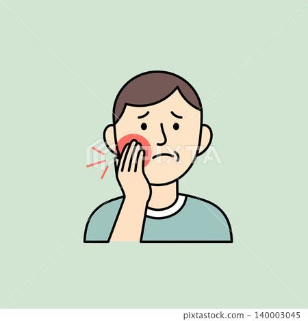 Cartoon illustration of a man experiencing toothache, holding his cheek in pain, indicating dental problems and the need for care. Cartoon illustration of a man experiencing toothache, holding his cheek in pain, indicating dental problems and the need for care. 140003045