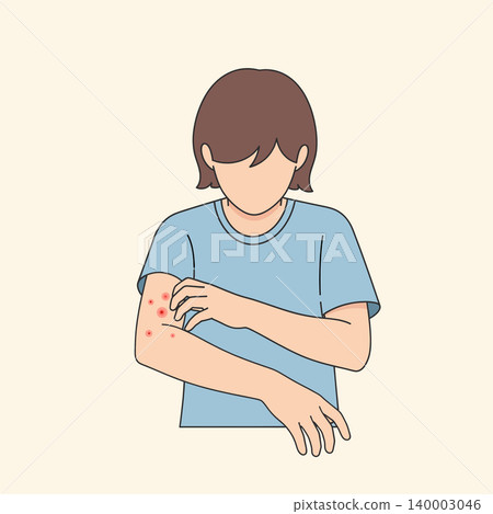 Illustration of a person scratching their arm, which is covered in a rash, indicating skin irritation or a health condition requiring attention. Illustration of a person scratching their arm, which is covered in a rash, indicating skin irritation or a health condition requiring attention. 140003046