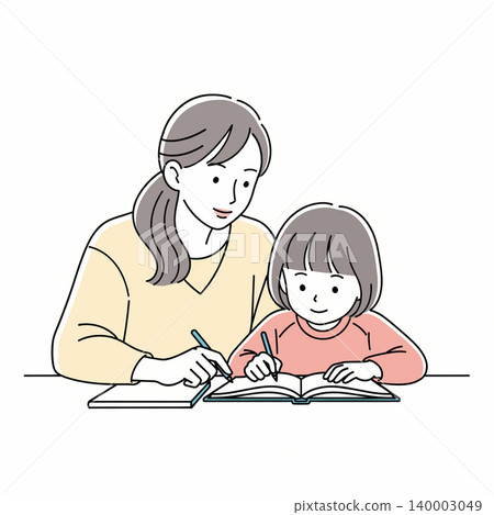 A mother is helping her daughter with her homework. They are sitting at a table, focused on a book, illustrating the importance of parental involvement in education. A mother is helping her daughter with her homework. They are sitting at a table, focused on a book, illustrating the importance of parental involvement in education. 140003049