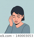 A woman with short dark hair is depicted with her eyes closed, touching her forehead, possibly indicating a headache, stress, or discomfort. She wears a gray shirt and has a concerned expression. 140003053