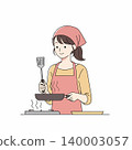 Illustration of a woman wearing an apron and headscarf, cooking with a spatula and pan on a stove, creating a warm and inviting kitchen scene. 140003057
