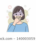 Illustration of a woman with short brown hair, looking unwell and nauseous, covering her mouth with her hand, indicating sickness or discomfort. 140003059