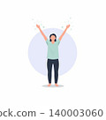 A woman stands with her arms raised high, expressing joy and celebration, set against a soft, neutral backdrop. 140003060