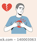Illustration of a man clutching his chest in pain, accompanied by a broken heart symbol, representing emotional distress and heartbreak. 140003063