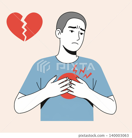 Illustration of a man clutching his chest in pain, accompanied by a broken heart symbol, representing emotional distress and heartbreak. Illustration of a man clutching his chest in pain, accompanied by a broken heart symbol, representing emotional distress and heartbreak. 140003063