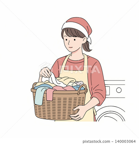 A woman wearing an apron and headscarf holds a laundry basket full of clothes, ready to do the washing in front of a washing machine. A woman wearing an apron and headscarf holds a laundry basket full of clothes, ready to do the washing in front of a washing machine. 140003064