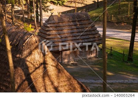 Rustic Ukrainian log house with thatched roof in a village setting 140003264