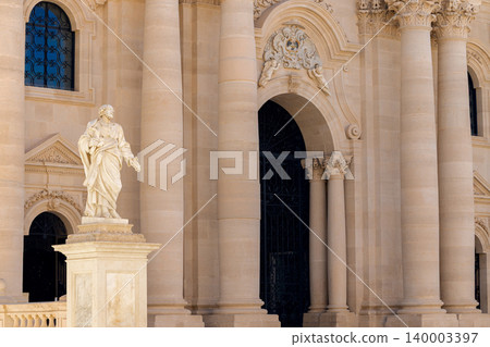 Ancient marble temple facade with columns, high walls, and philosopher sculpture Ancient marble temple facade with columns, high walls, and philosopher sculpture 140003397
