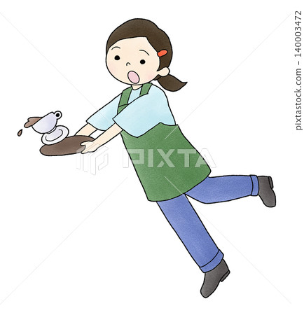 A hand-drawn illustration of a woman about to spill her coffee. A hand-drawn illustration of a woman about to spill her coffee. 140003472