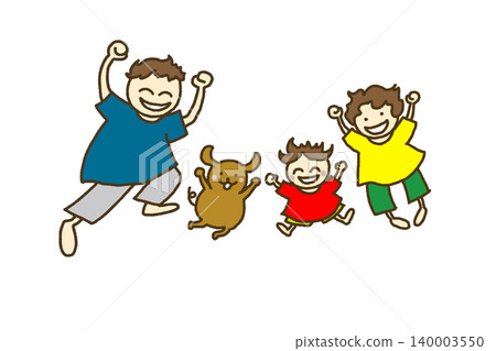 Family jumps, pumps their fists in victory. Family jumps, pumps their fists in victory. 140003550