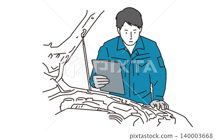 Illustration material of a car mechanic opening the hood of a car and checking the inside Illustration material of a car mechanic opening the hood of a car and checking the inside 140003668