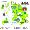 鹿兒島縣旅遊：手繪旅遊景點和遊客的平面插圖 140003686
