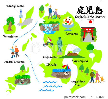 鹿兒島縣旅遊:手繪旅遊景點和遊客的平面插圖 鹿兒島縣旅遊:手繪旅遊景點和遊客的平面插圖 140003686