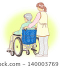The back view of a caregiver pushing a wheelchair 140003769